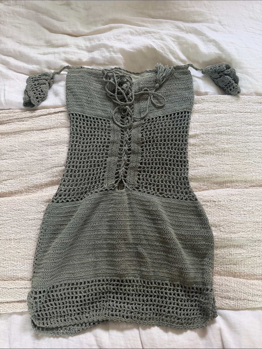 Andi Bagus Sage Green Crochet Mini Dress